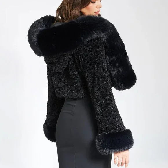 💋CHIC & SEXY💋Lux Black Vegan Shearling Lamb & Fox Fur Hoodded Crop Jacket - Picture 7 of 16